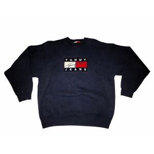 Vintage 90s Tommy Hilfiger Sweatshirt Blue Embroidered Big Flag Spellout Mens XL